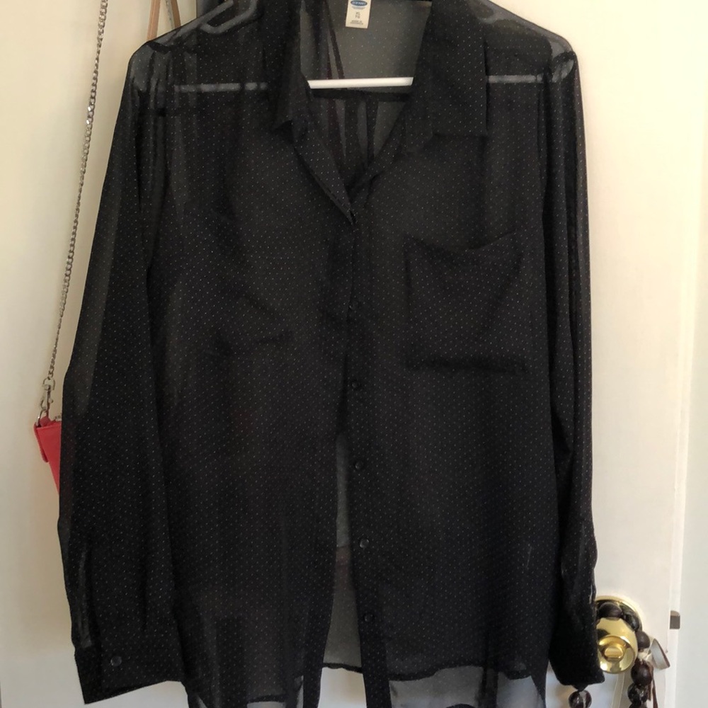 Sheer Old Navy Blouse Black with White polka dots